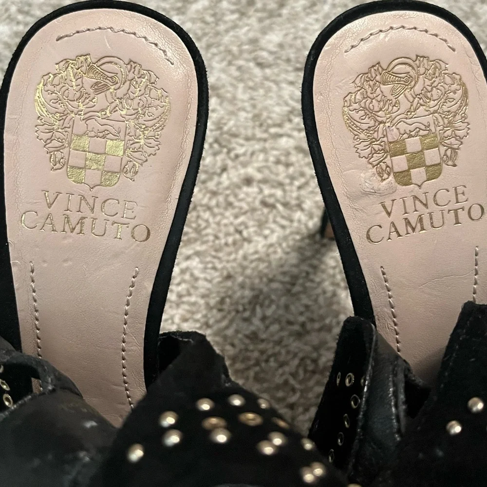 VINCE CAMUTO leather open toe black studded ajoure stiletto high heels s…
